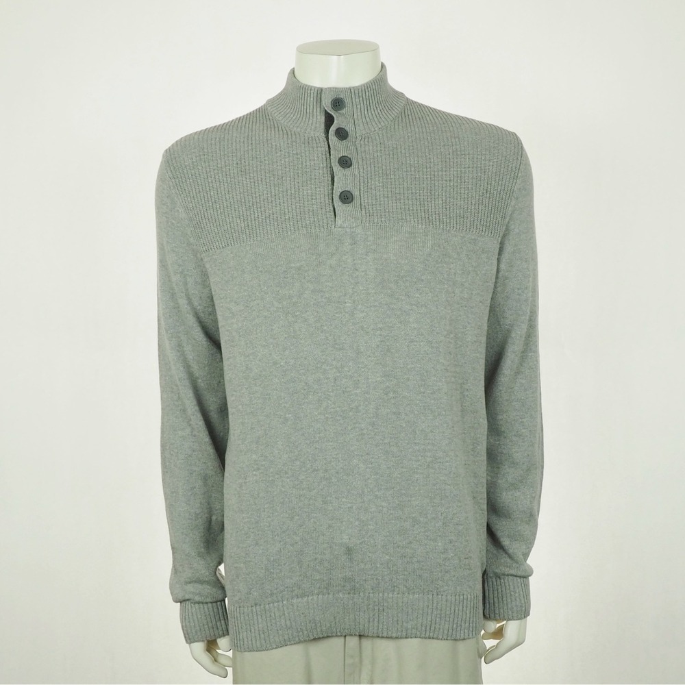 New Club Room Henley Sweater Mens Medium Heather Gray Button Mock Knit Cotton